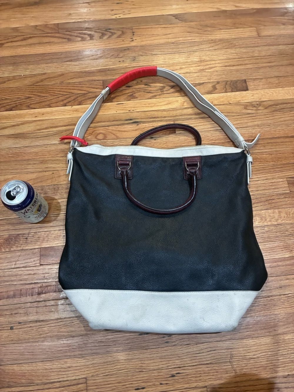 Diane Von Furstenberg Black and White Two-Tone Leather Satchel with Red Accent